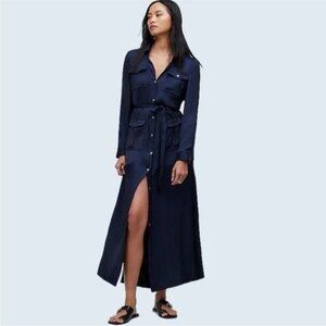 Madewell Large Utility Tie Waist Maxi Button Front Shirt Dress Navy Blue No Belt